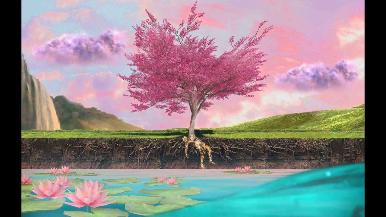 A pink cherry blossom tree over a lily pond, from the Sakura video